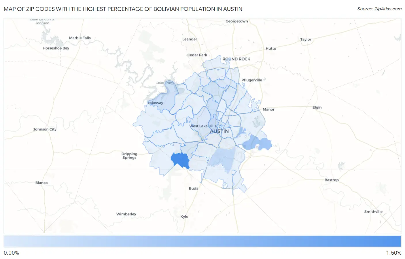 Zip Codes with the Highest Percentage of Bolivian Population in Austin Map