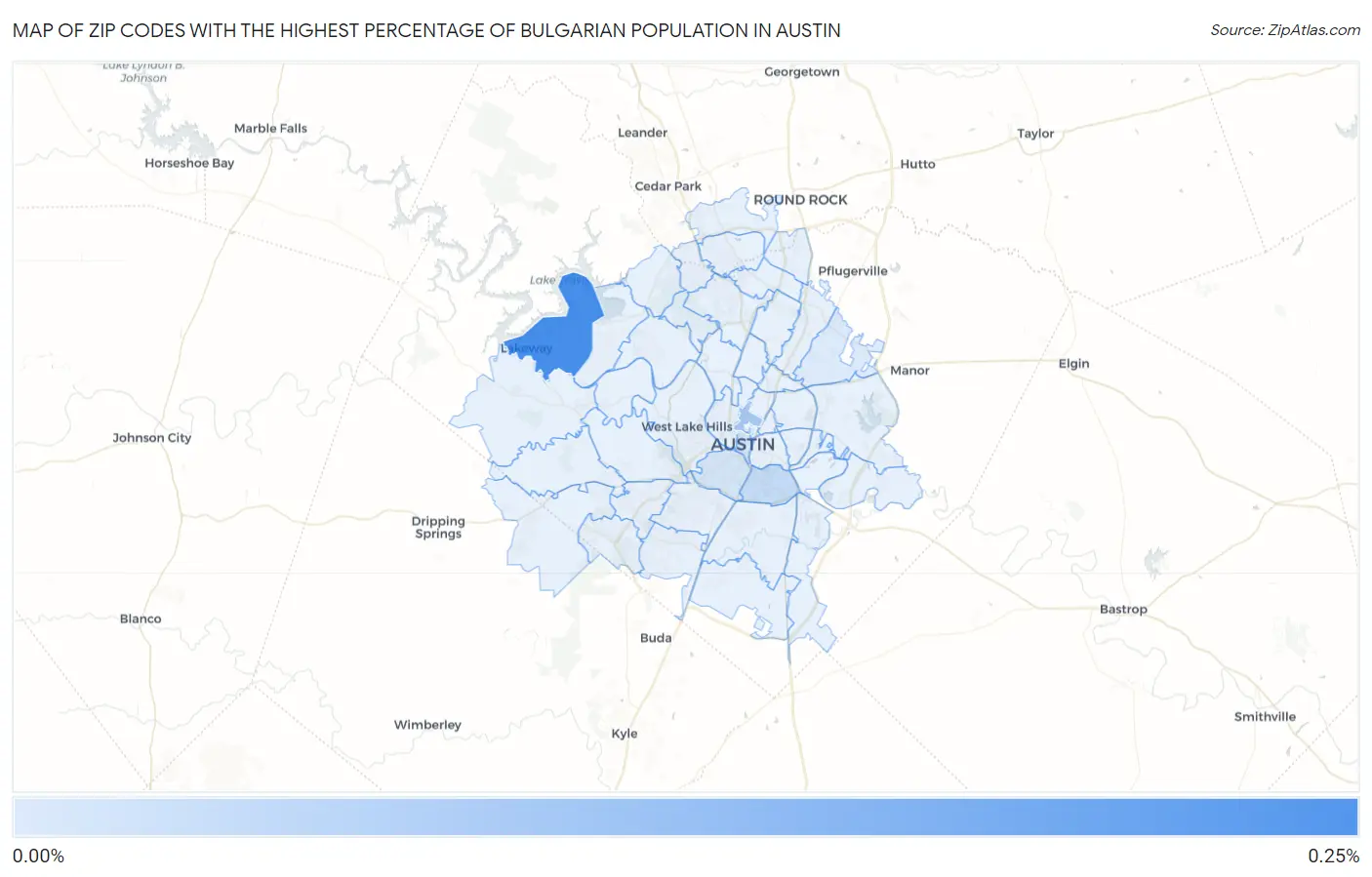 Zip Codes with the Highest Percentage of Bulgarian Population in Austin Map