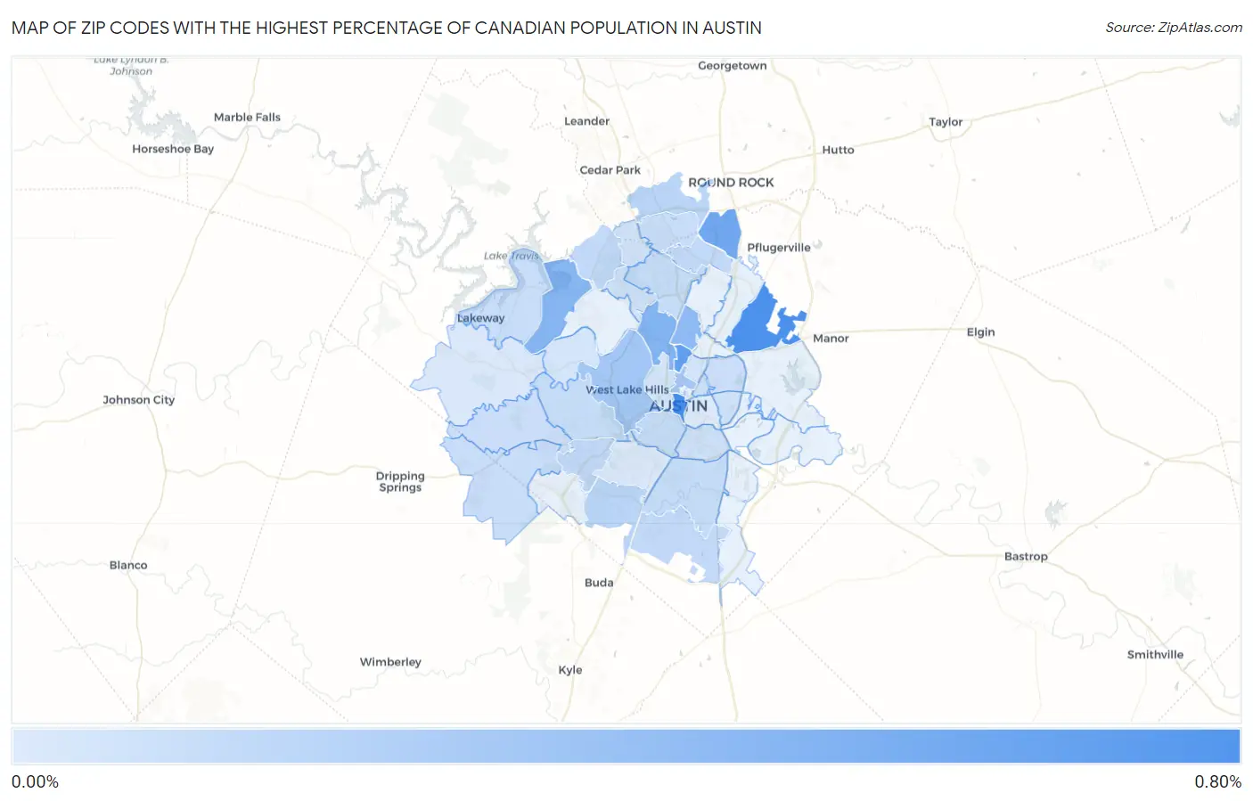 Zip Codes with the Highest Percentage of Canadian Population in Austin Map