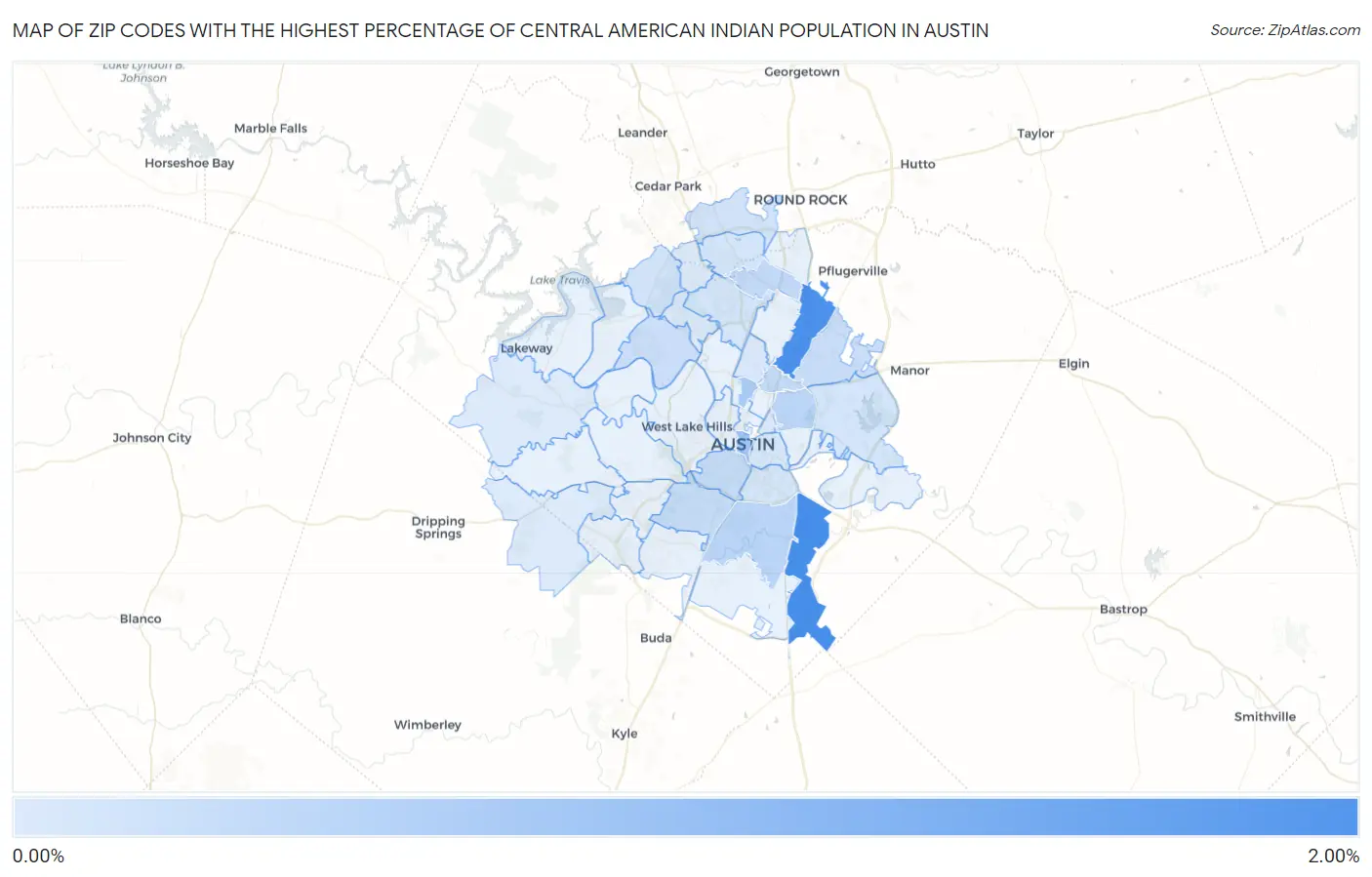 Zip Codes with the Highest Percentage of Central American Indian Population in Austin Map