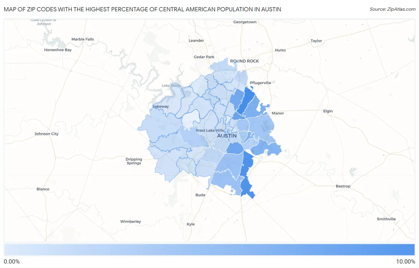 Zip Codes with the Highest Percentage of Central American Population in Austin Map