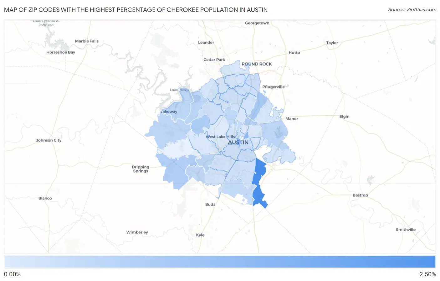 Zip Codes with the Highest Percentage of Cherokee Population in Austin Map