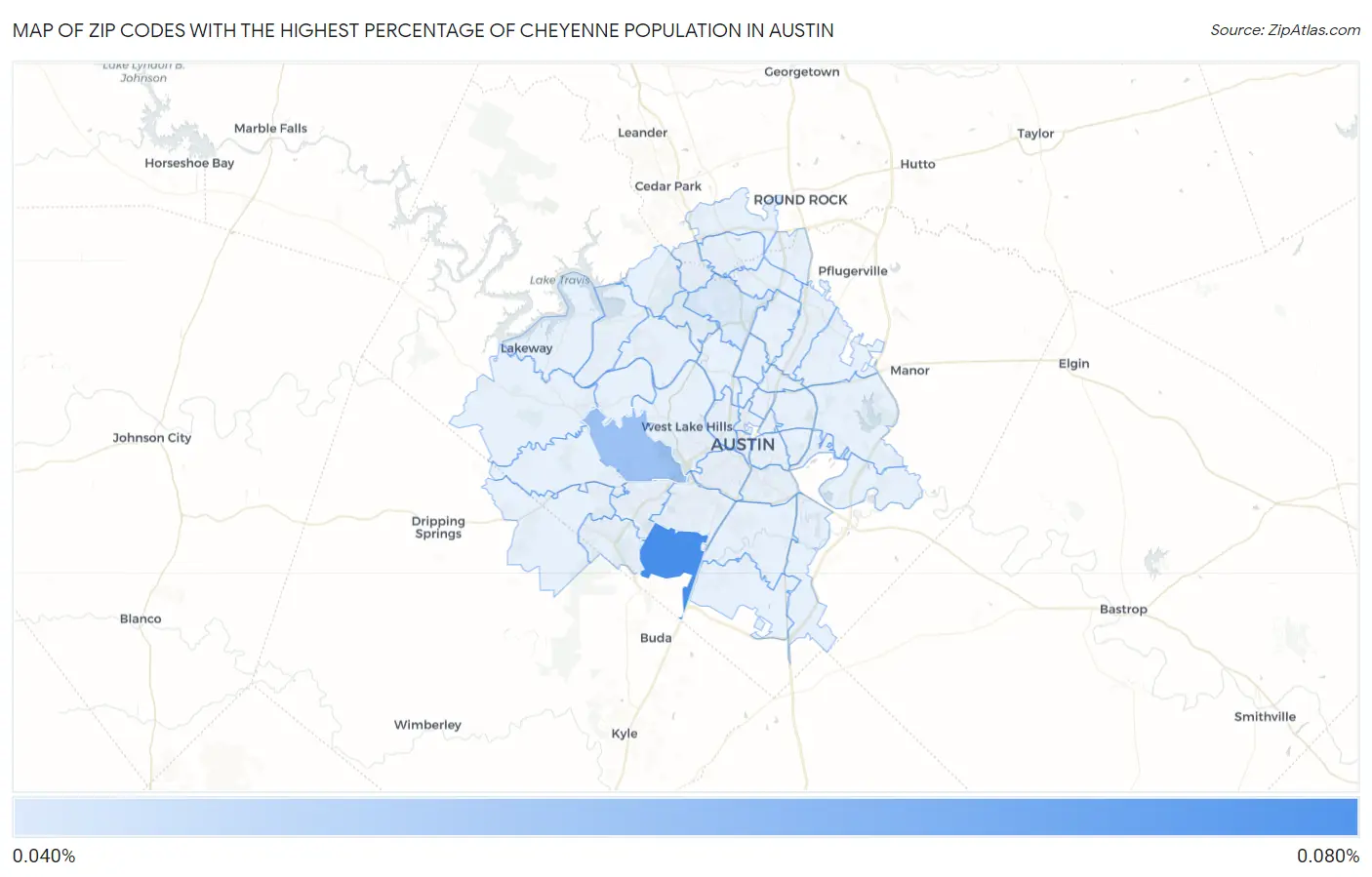 Zip Codes with the Highest Percentage of Cheyenne Population in Austin Map