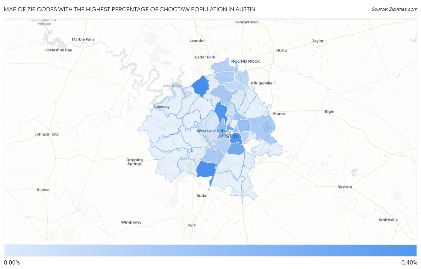 Zip Codes with the Highest Percentage of Choctaw Population in Austin Map