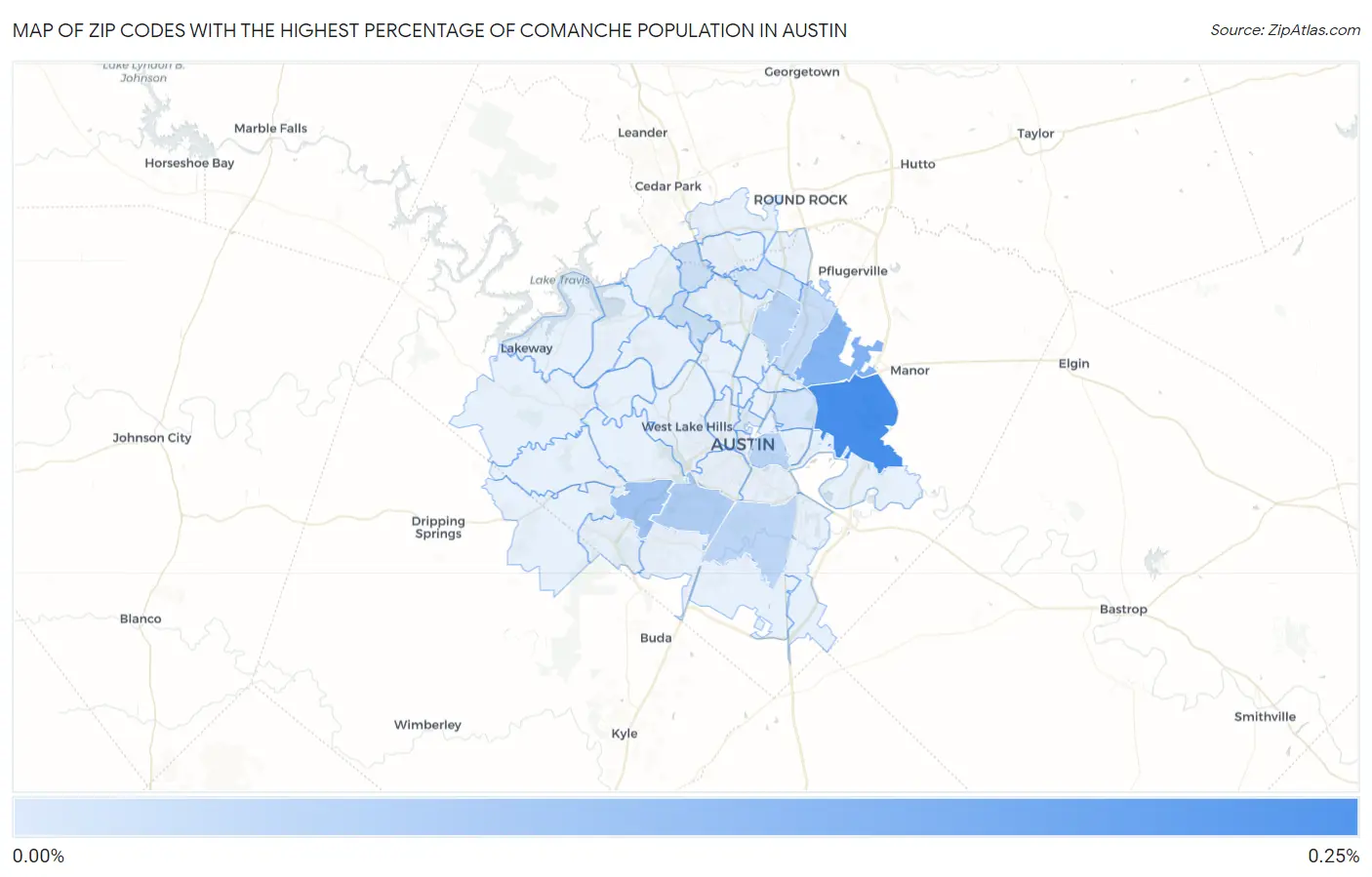 Zip Codes with the Highest Percentage of Comanche Population in Austin Map