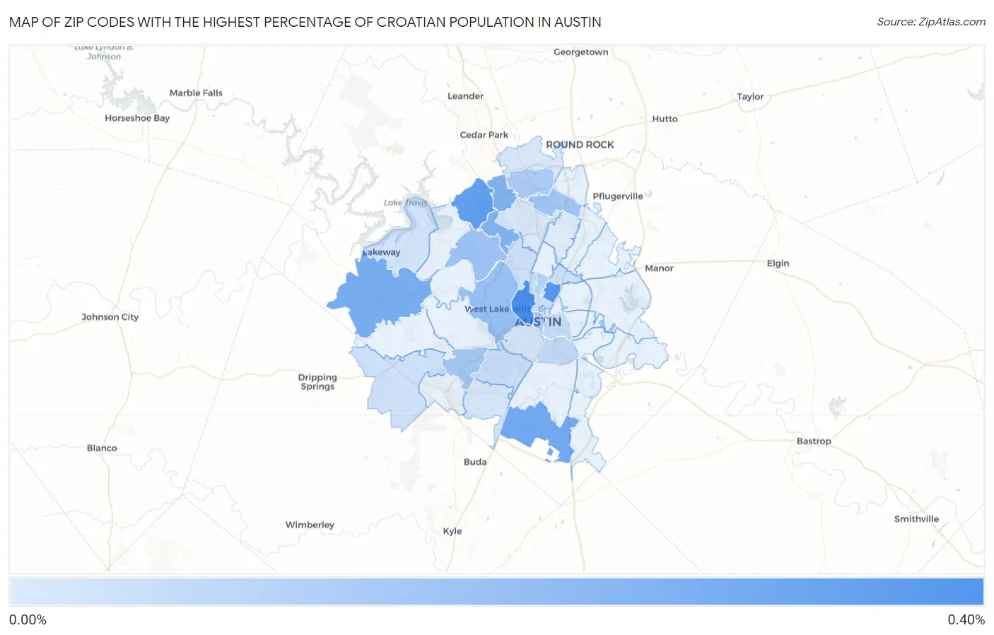 Zip Codes with the Highest Percentage of Croatian Population in Austin Map