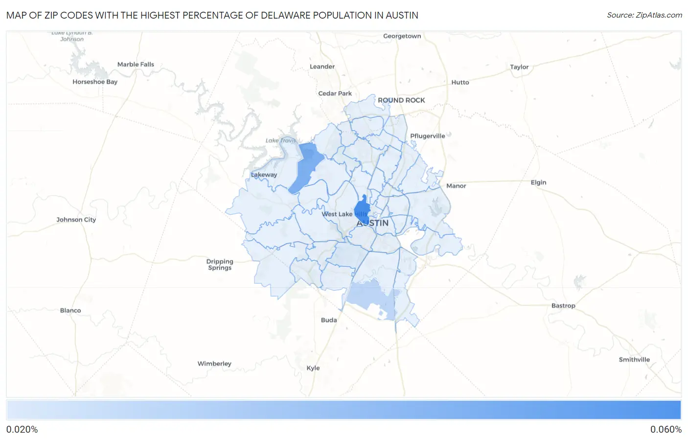 Zip Codes with the Highest Percentage of Delaware Population in Austin Map