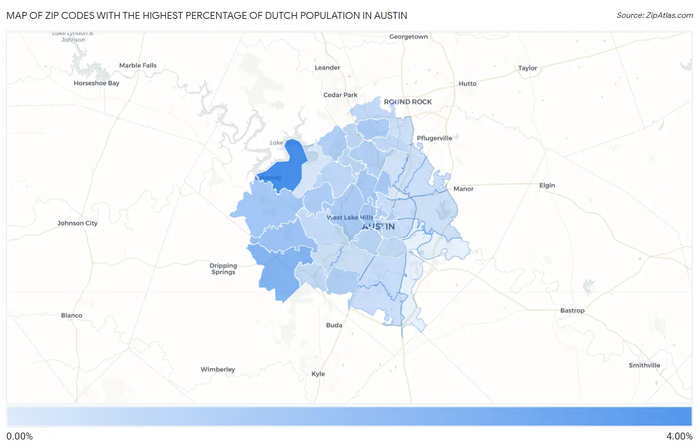 Zip Codes with the Highest Percentage of Dutch Population in Austin Map