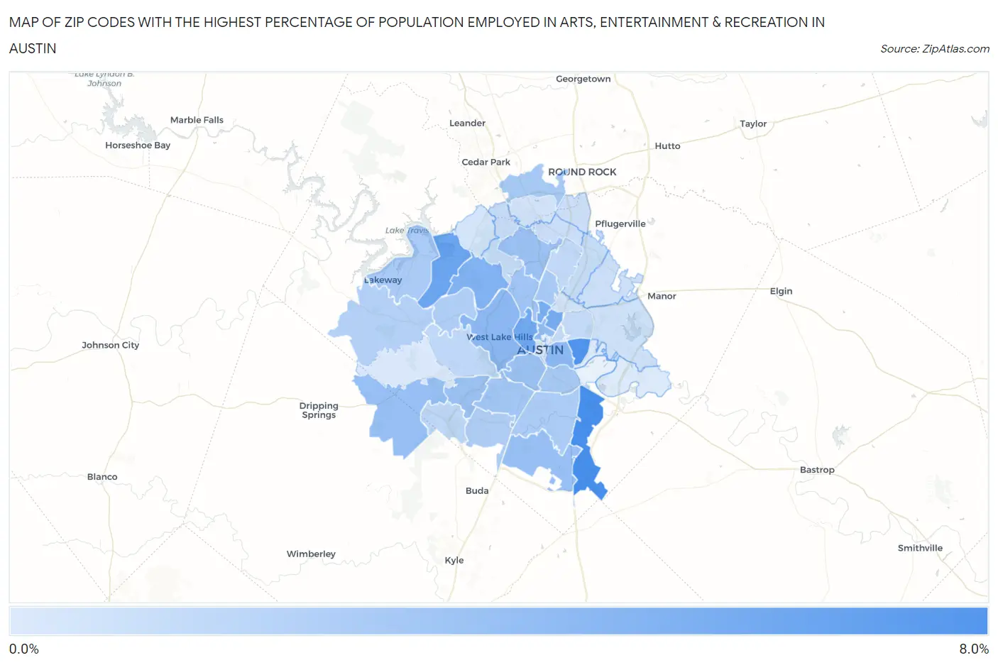 Zip Codes with the Highest Percentage of Population Employed in Arts, Entertainment & Recreation in Austin Map