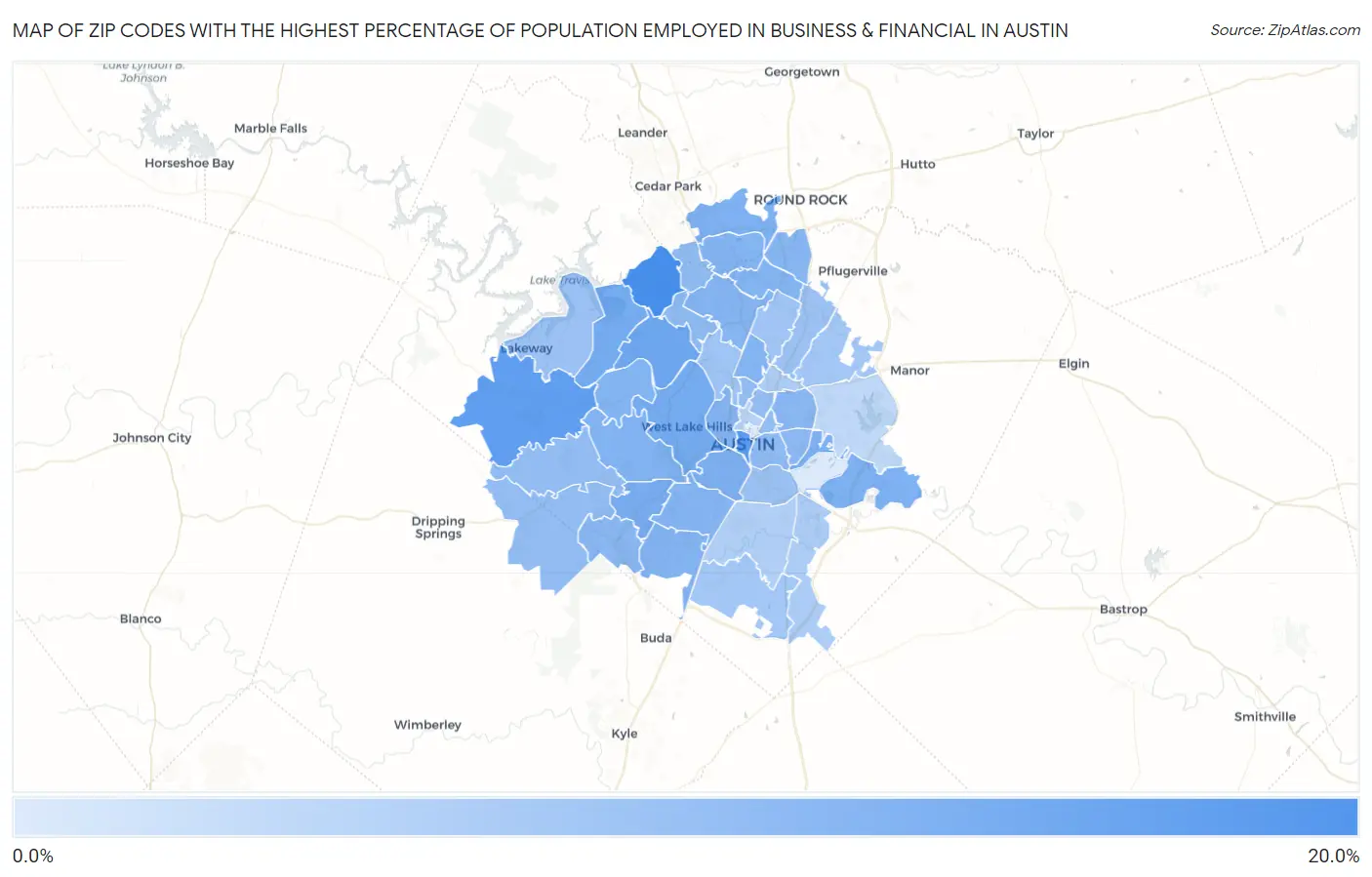 Zip Codes with the Highest Percentage of Population Employed in Business & Financial in Austin Map