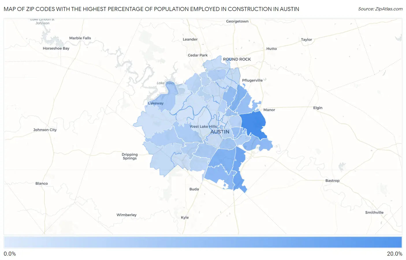 Zip Codes with the Highest Percentage of Population Employed in Construction in Austin Map