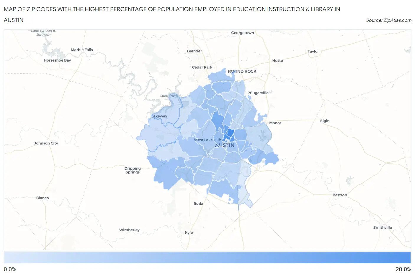 Zip Codes with the Highest Percentage of Population Employed in Education Instruction & Library in Austin Map