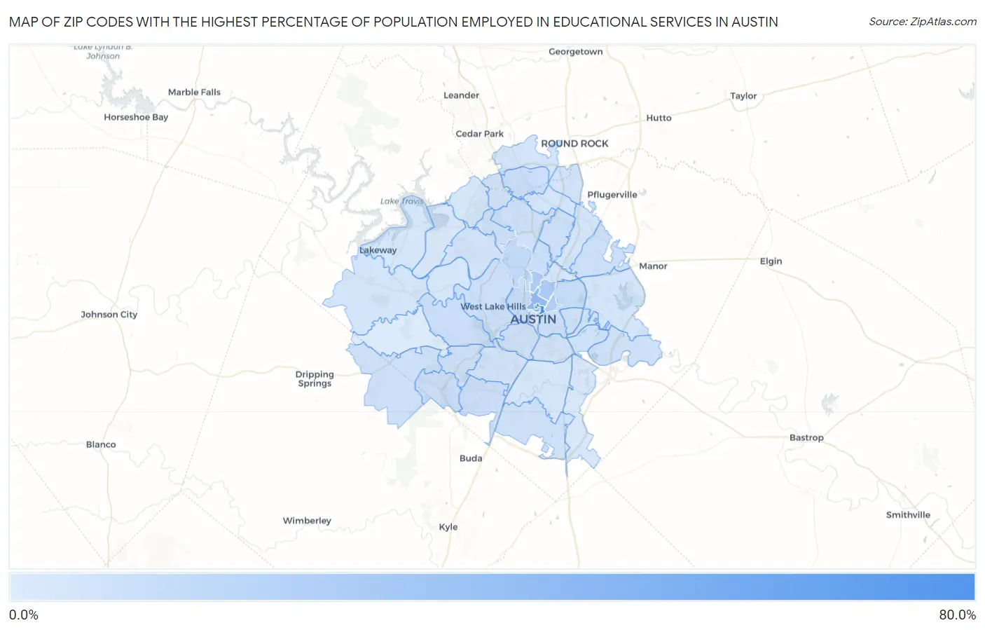 Zip Codes with the Highest Percentage of Population Employed in Educational Services in Austin Map