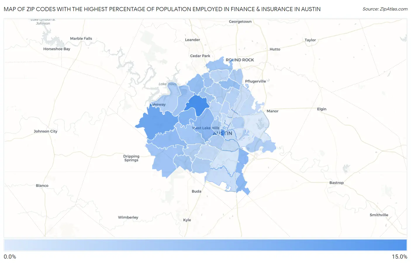 Zip Codes with the Highest Percentage of Population Employed in Finance & Insurance in Austin Map