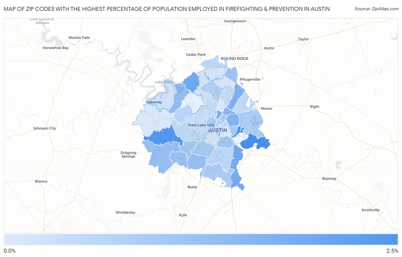 Zip Codes with the Highest Percentage of Population Employed in Firefighting & Prevention in Austin Map