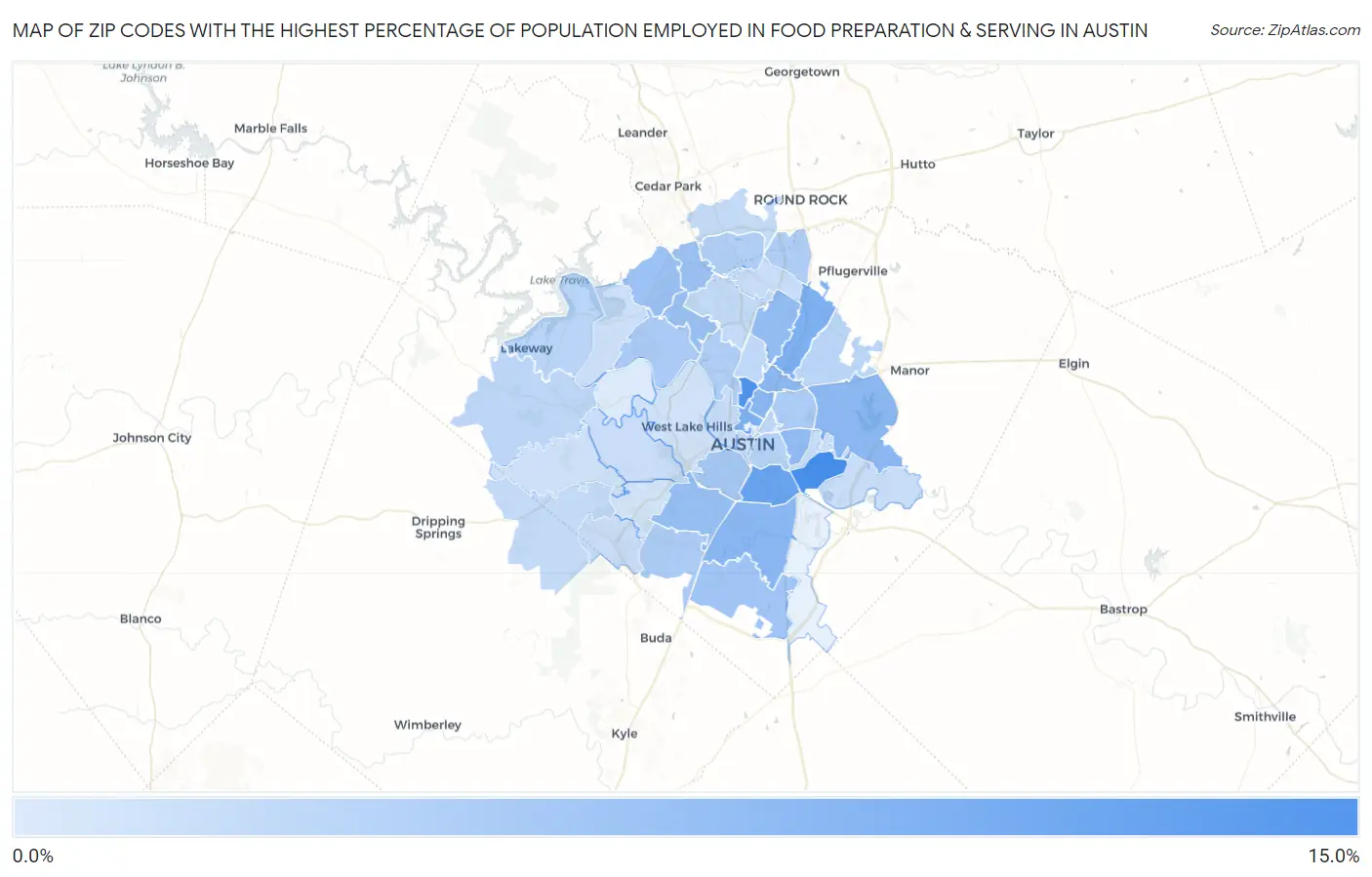 Zip Codes with the Highest Percentage of Population Employed in Food Preparation & Serving in Austin Map