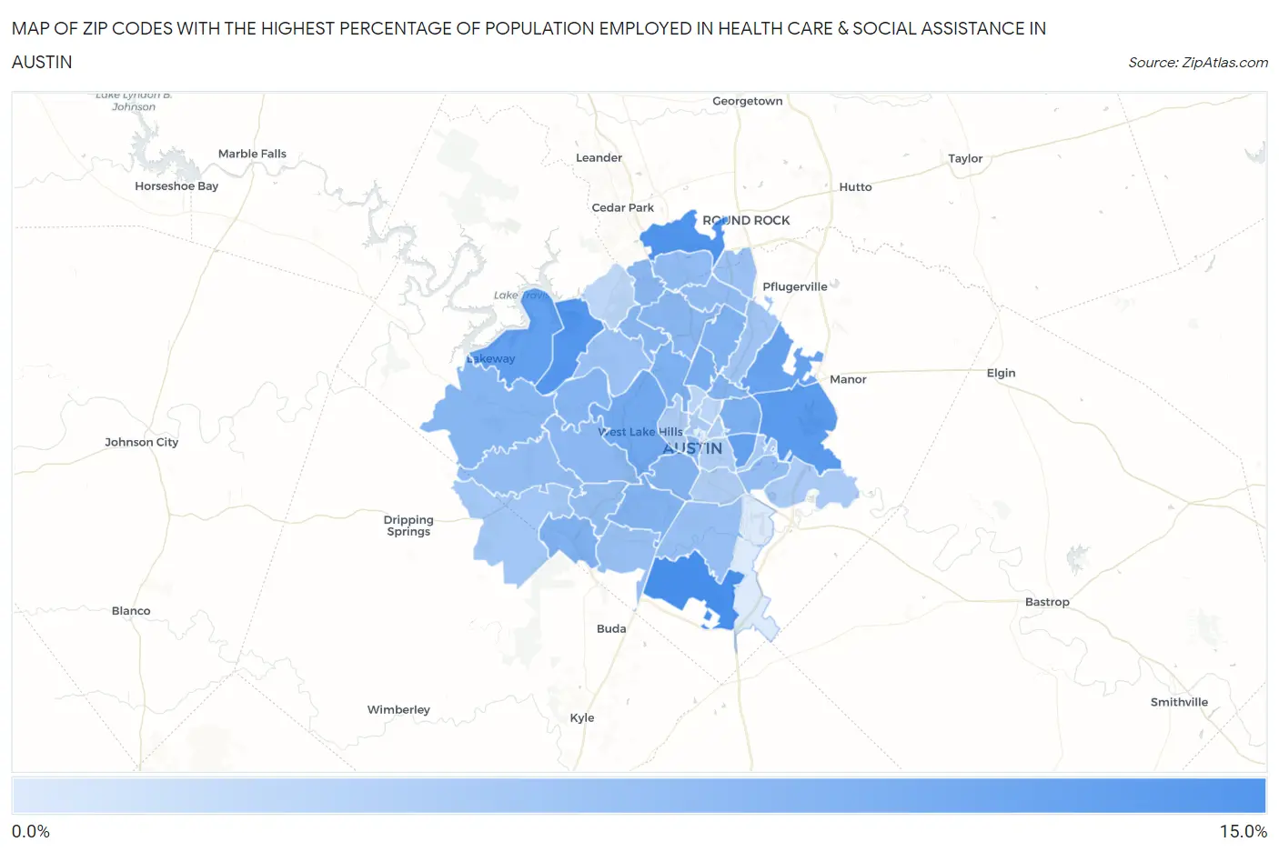 Zip Codes with the Highest Percentage of Population Employed in Health Care & Social Assistance in Austin Map