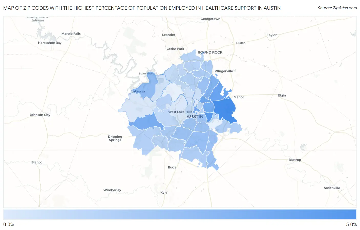 Zip Codes with the Highest Percentage of Population Employed in Healthcare Support in Austin Map