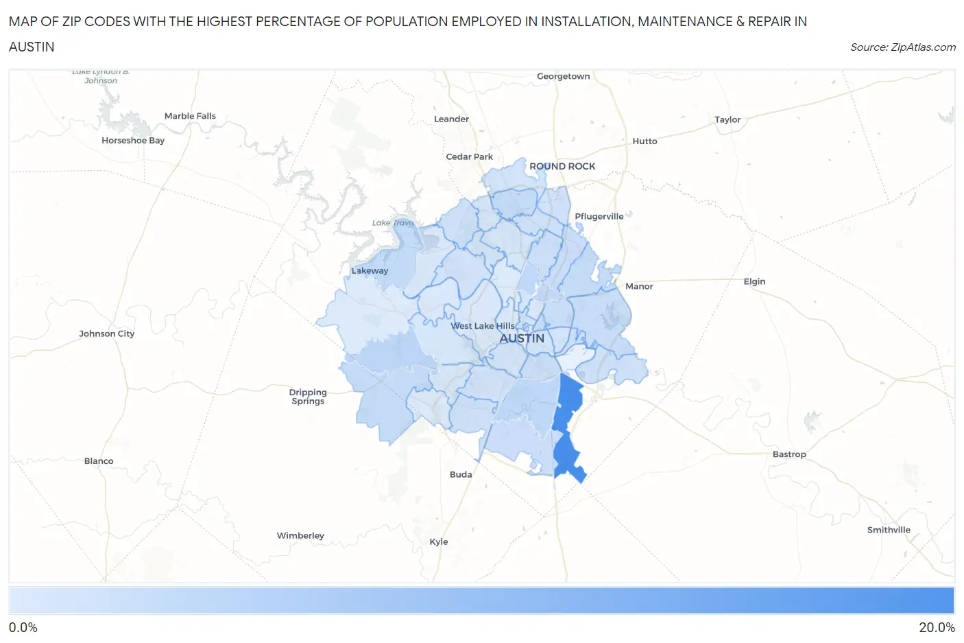 Zip Codes with the Highest Percentage of Population Employed in Installation, Maintenance & Repair in Austin Map