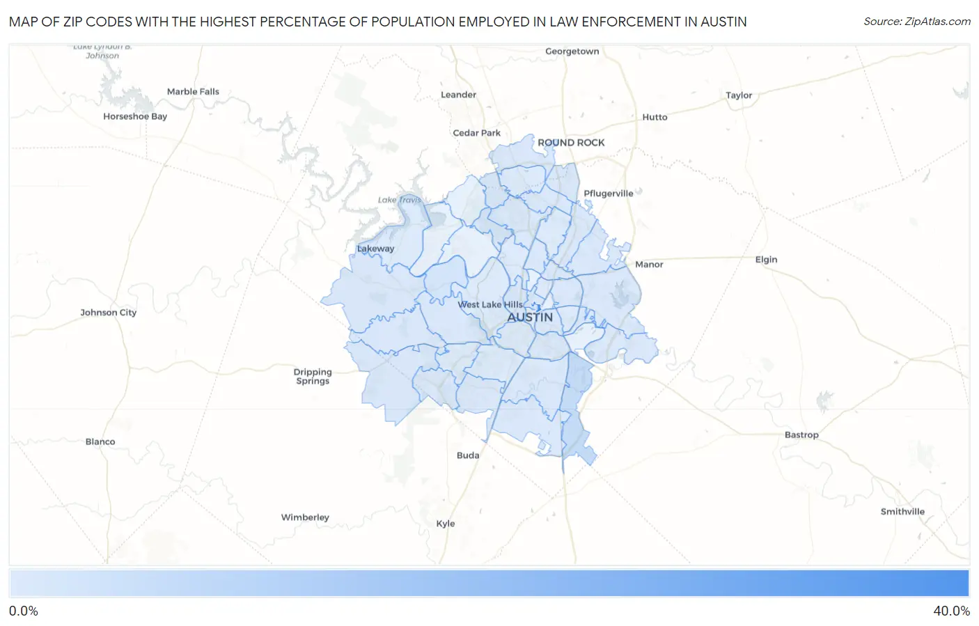 Zip Codes with the Highest Percentage of Population Employed in Law Enforcement in Austin Map
