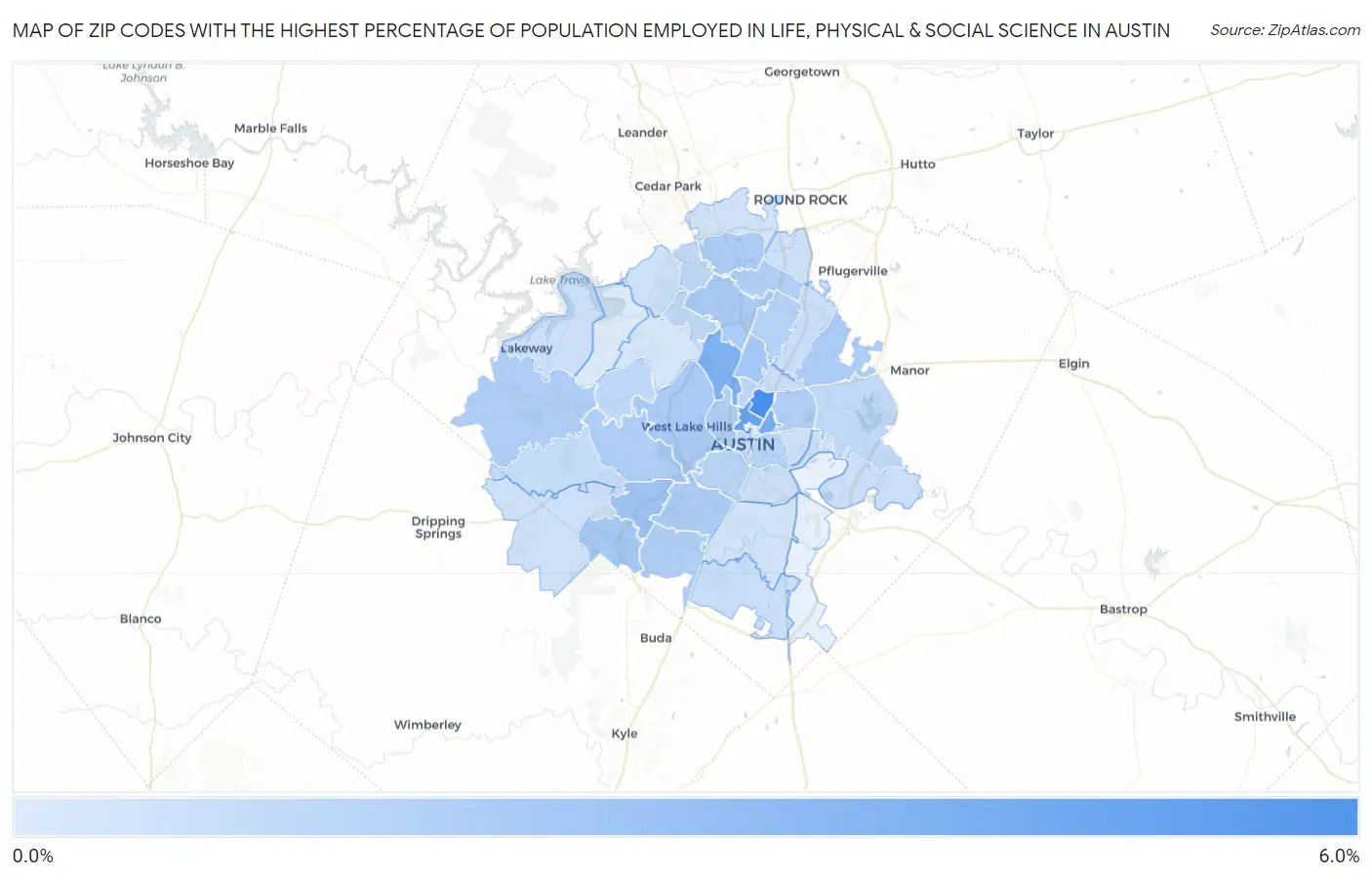 Zip Codes with the Highest Percentage of Population Employed in Life, Physical & Social Science in Austin Map