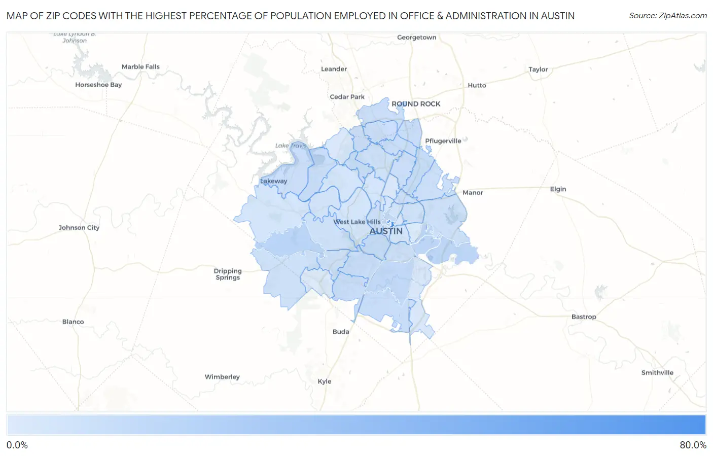 Zip Codes with the Highest Percentage of Population Employed in Office & Administration in Austin Map