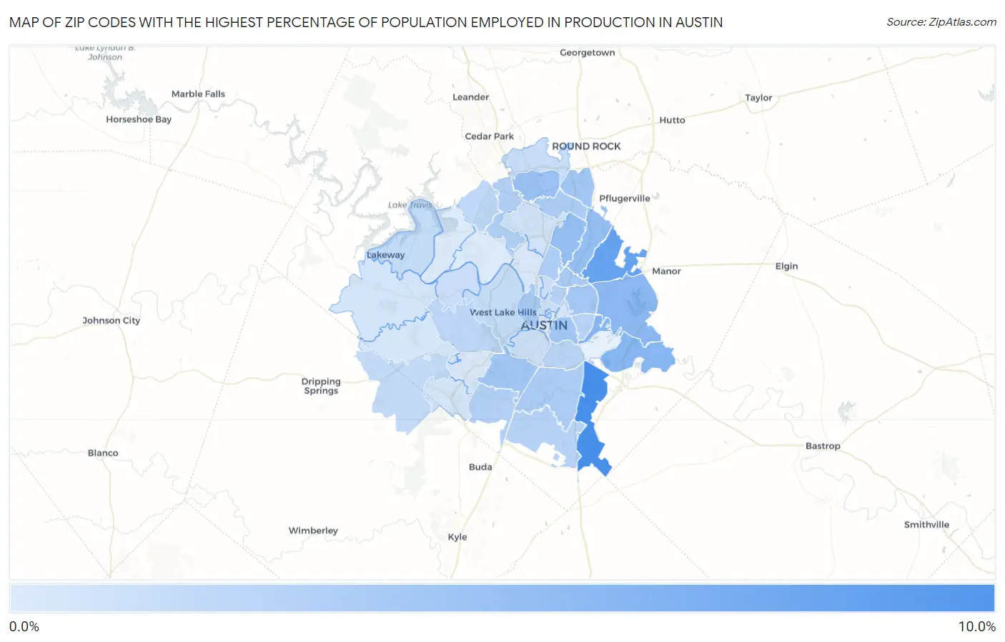 Zip Codes with the Highest Percentage of Population Employed in Production in Austin Map