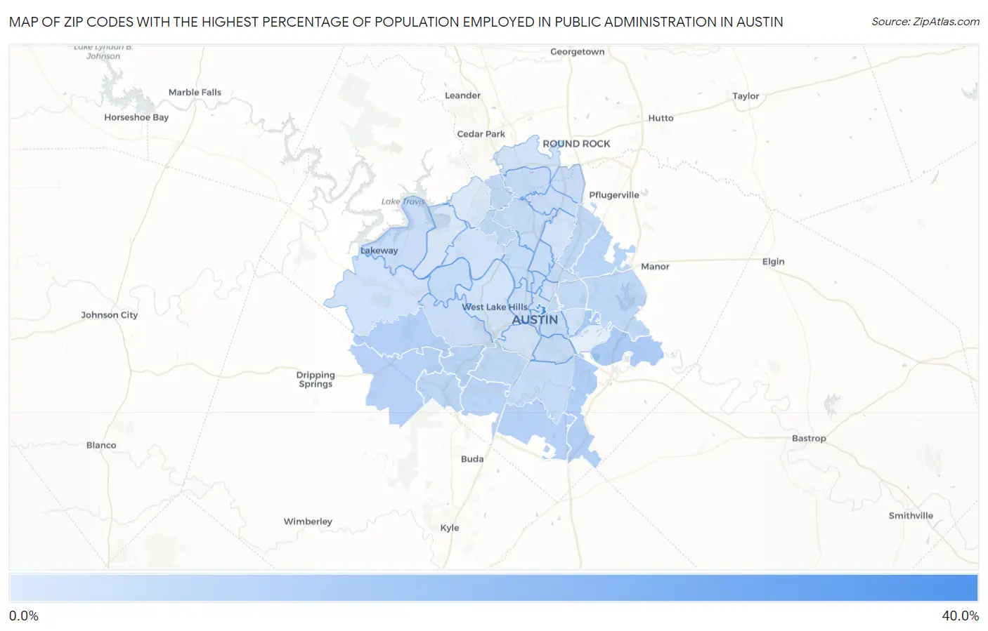 Zip Codes with the Highest Percentage of Population Employed in Public Administration in Austin Map