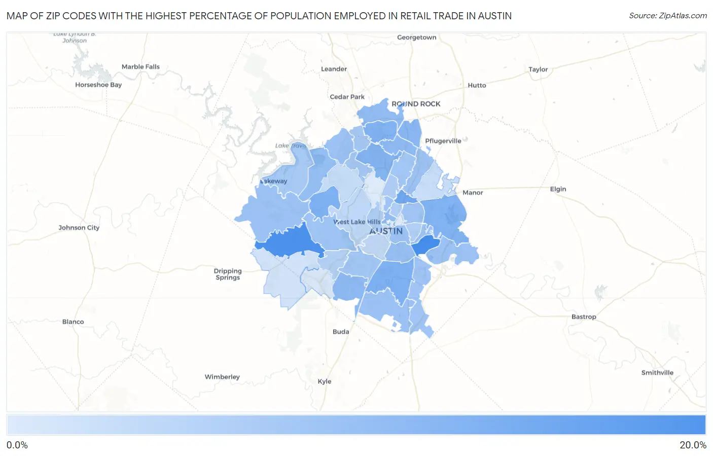 Zip Codes with the Highest Percentage of Population Employed in Retail Trade in Austin Map