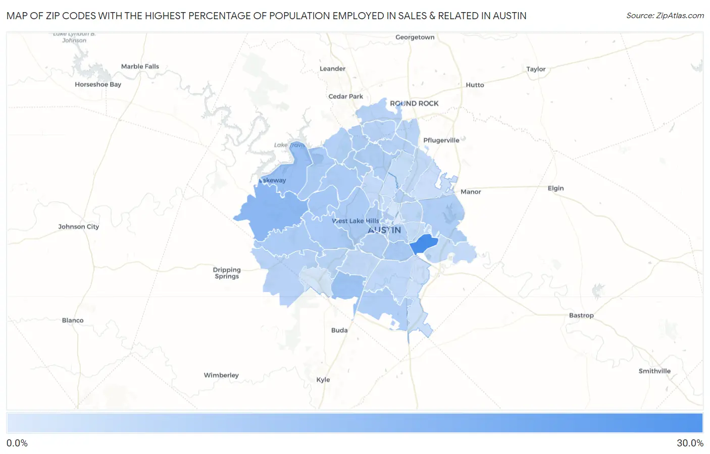 Zip Codes with the Highest Percentage of Population Employed in Sales & Related in Austin Map