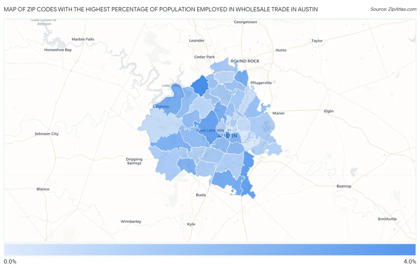 Zip Codes with the Highest Percentage of Population Employed in Wholesale Trade in Austin Map