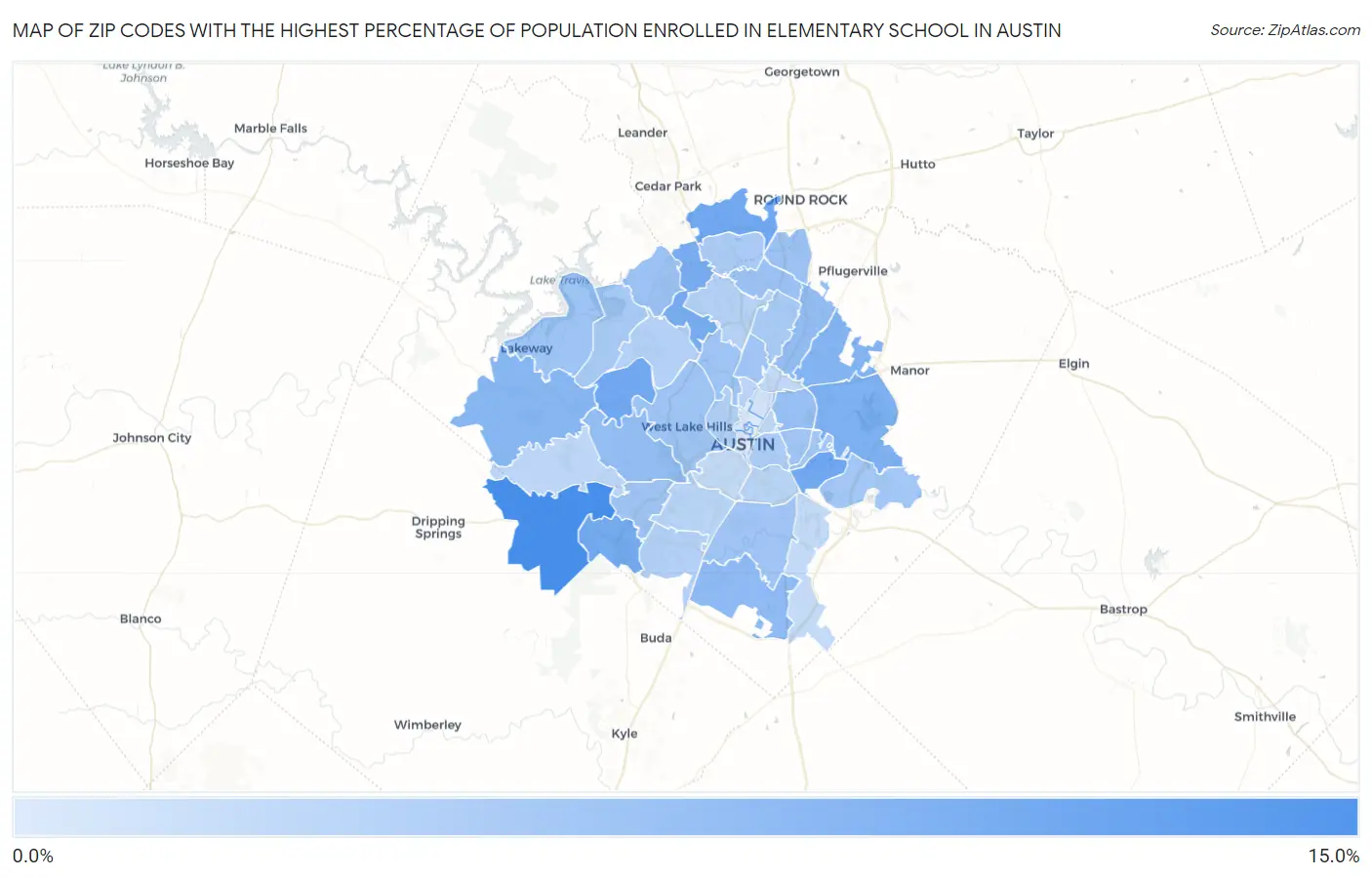 Zip Codes with the Highest Percentage of Population Enrolled in Elementary School in Austin Map