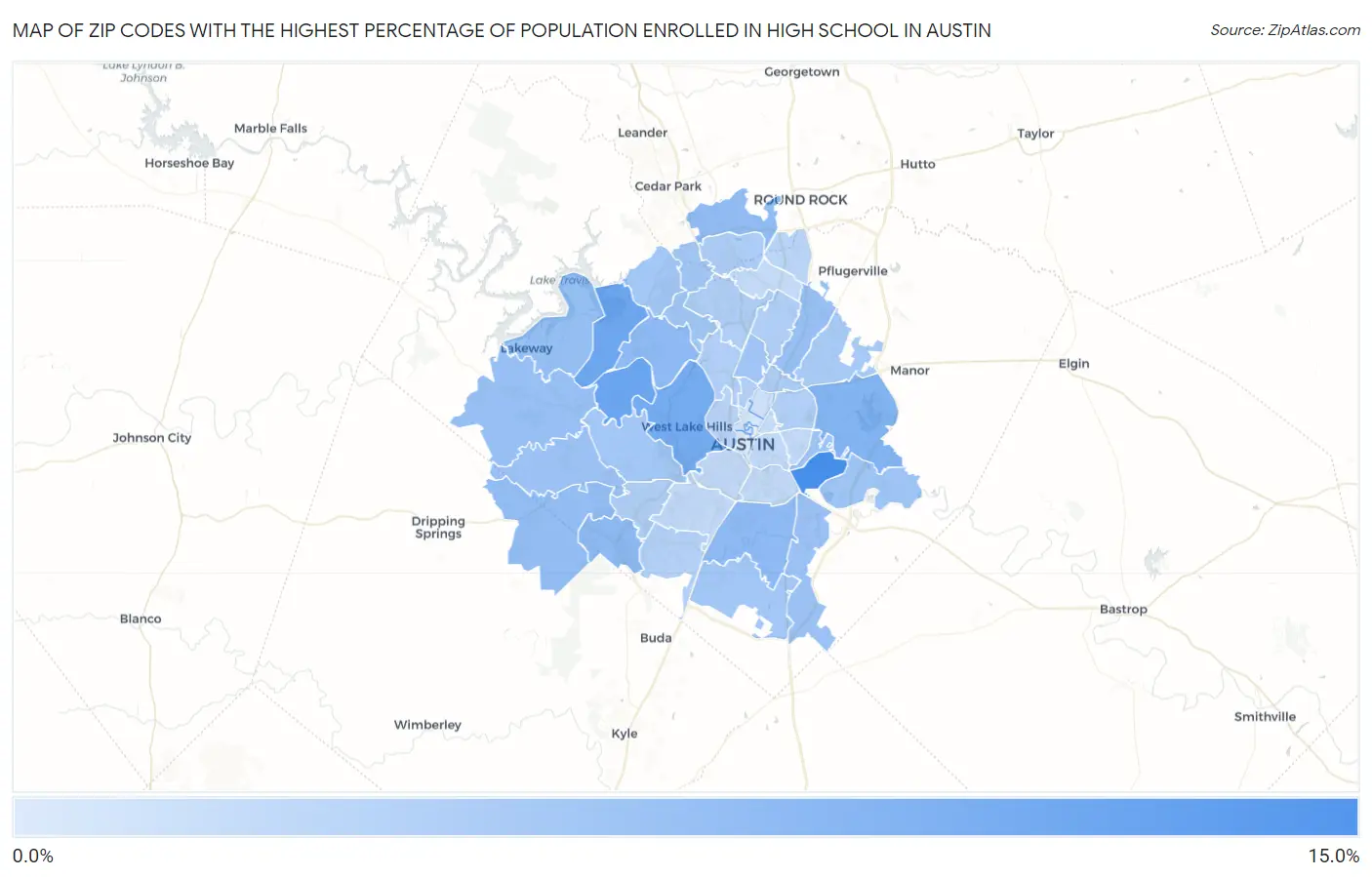 Zip Codes with the Highest Percentage of Population Enrolled in High School in Austin Map