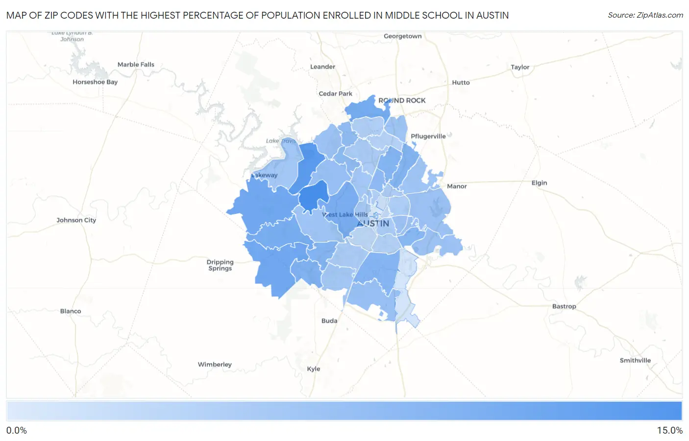 Zip Codes with the Highest Percentage of Population Enrolled in Middle School in Austin Map