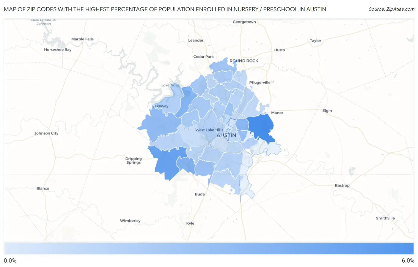 Zip Codes with the Highest Percentage of Population Enrolled in Nursery / Preschool in Austin Map