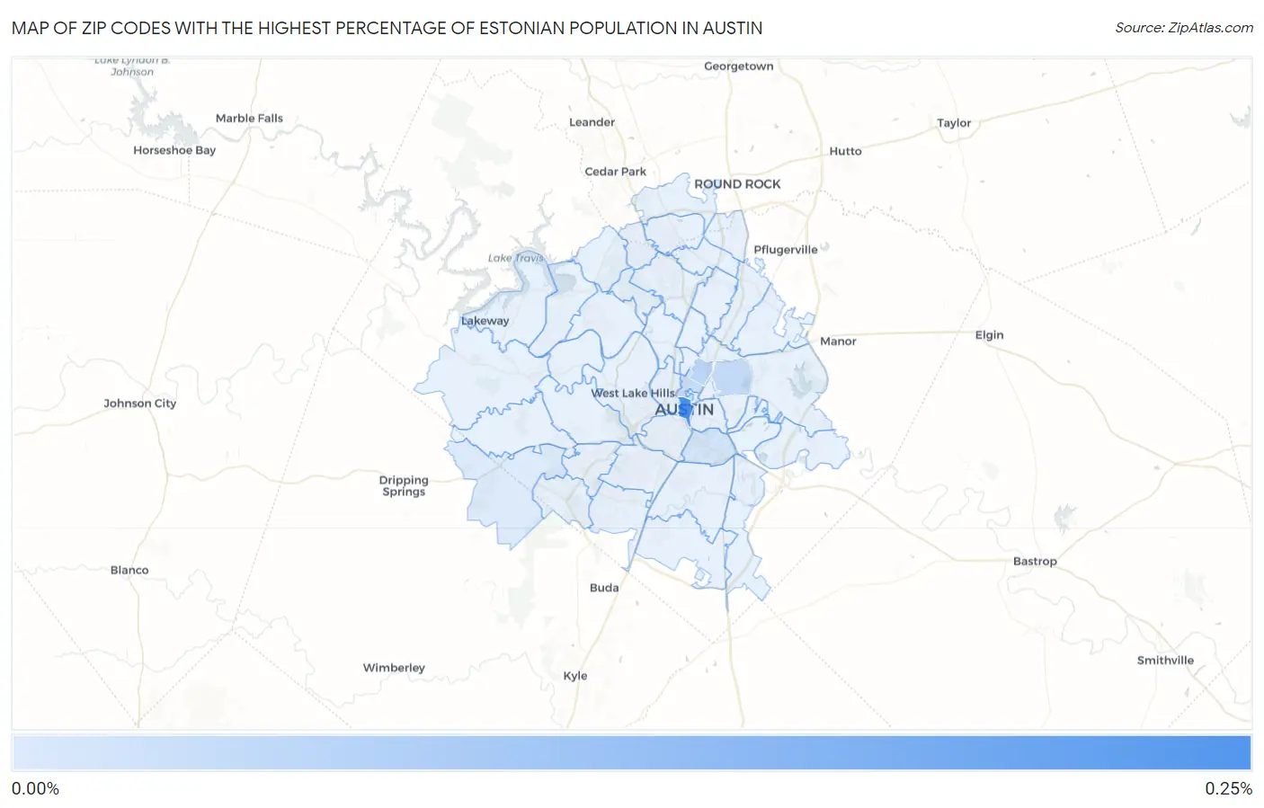Zip Codes with the Highest Percentage of Estonian Population in Austin Map