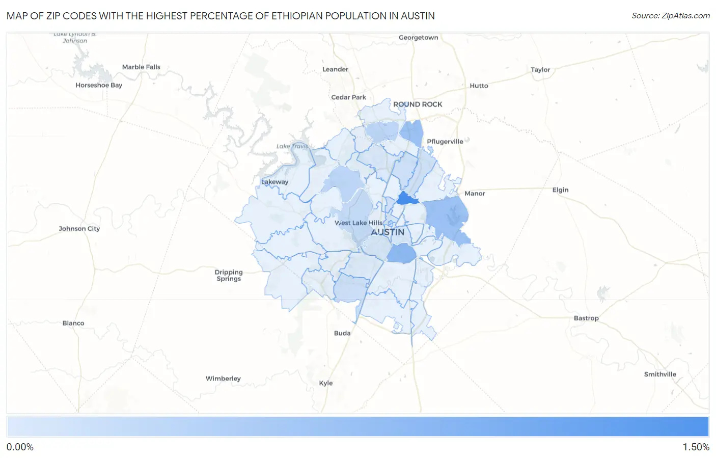 Zip Codes with the Highest Percentage of Ethiopian Population in Austin Map