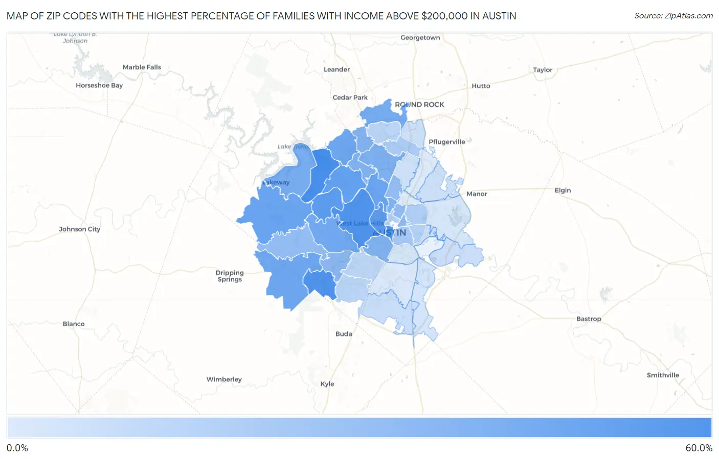 Zip Codes with the Highest Percentage of Families with Income Above $200,000 in Austin Map