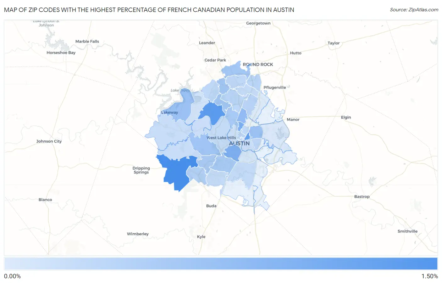 Zip Codes with the Highest Percentage of French Canadian Population in Austin Map