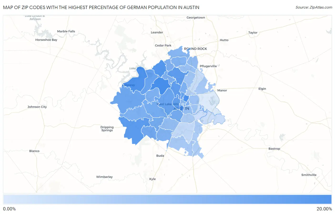 Zip Codes with the Highest Percentage of German Population in Austin Map