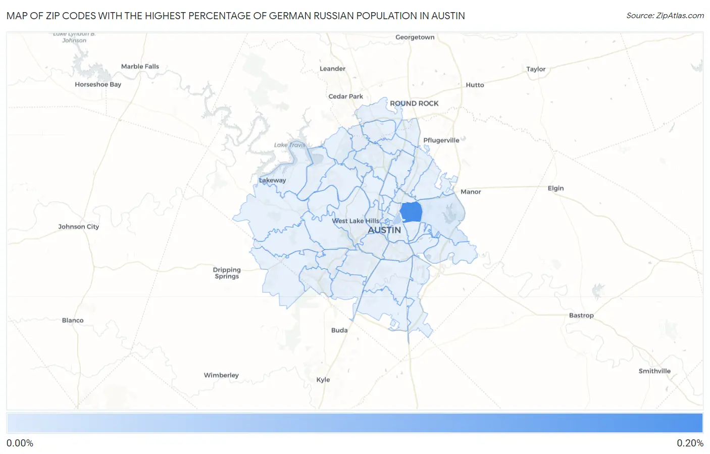 Zip Codes with the Highest Percentage of German Russian Population in Austin Map