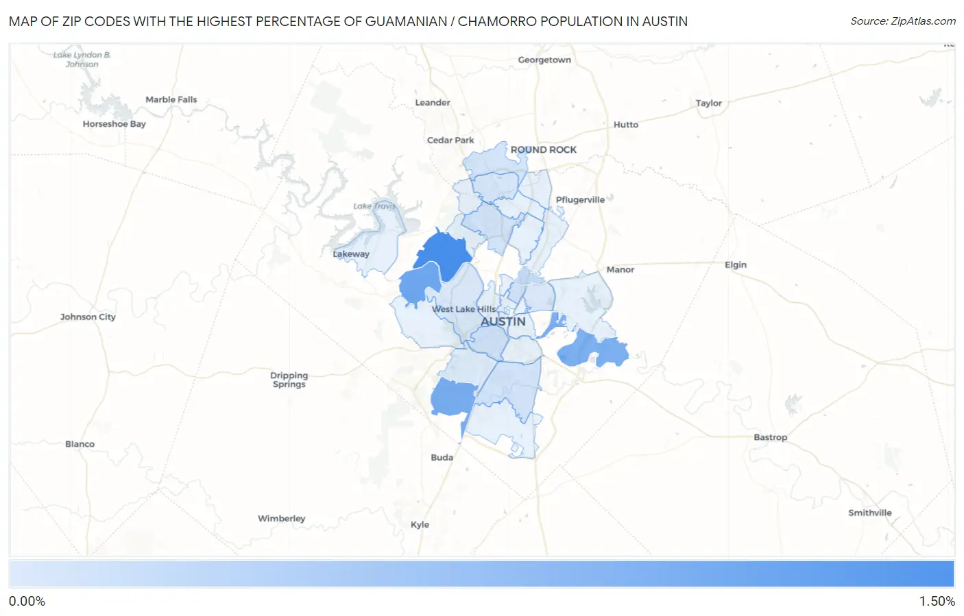 Zip Codes with the Highest Percentage of Guamanian / Chamorro Population in Austin Map