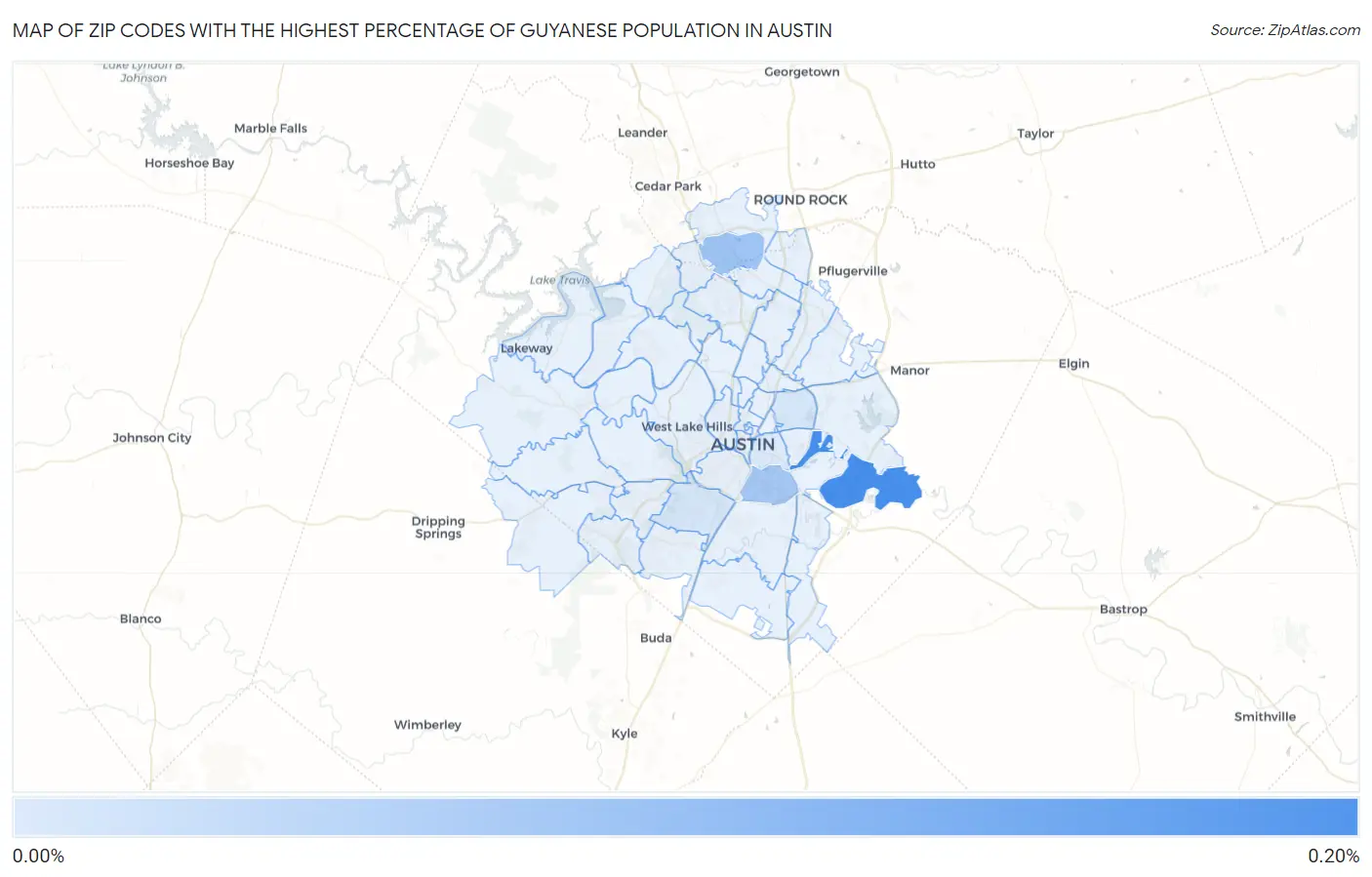 Zip Codes with the Highest Percentage of Guyanese Population in Austin Map