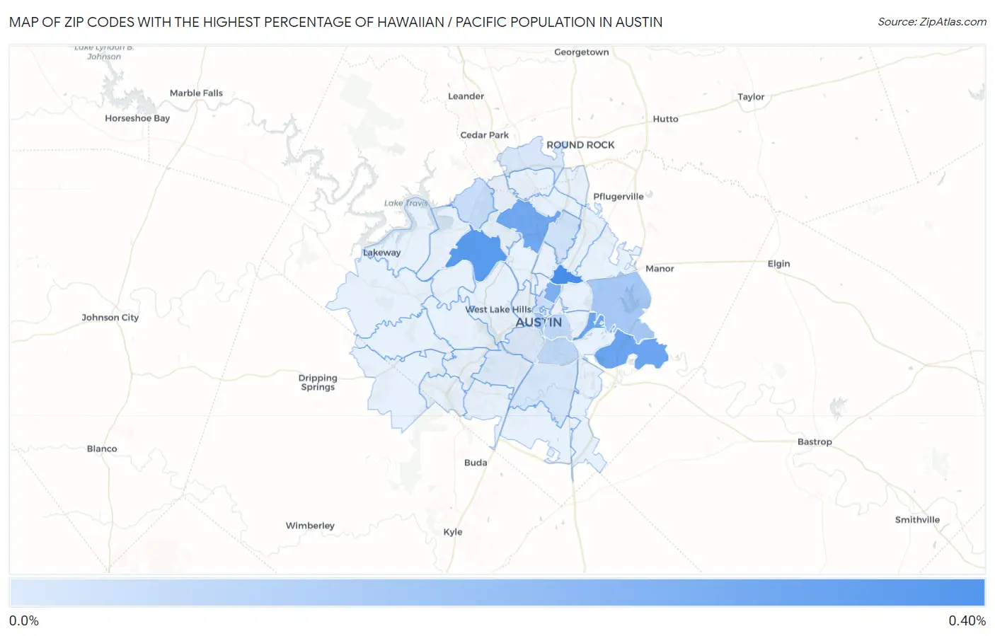 Zip Codes with the Highest Percentage of Hawaiian / Pacific Population in Austin Map
