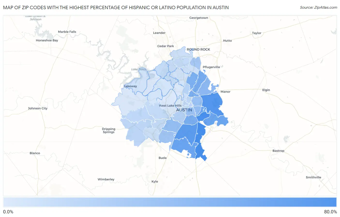 Zip Codes with the Highest Percentage of Hispanic or Latino Population in Austin Map