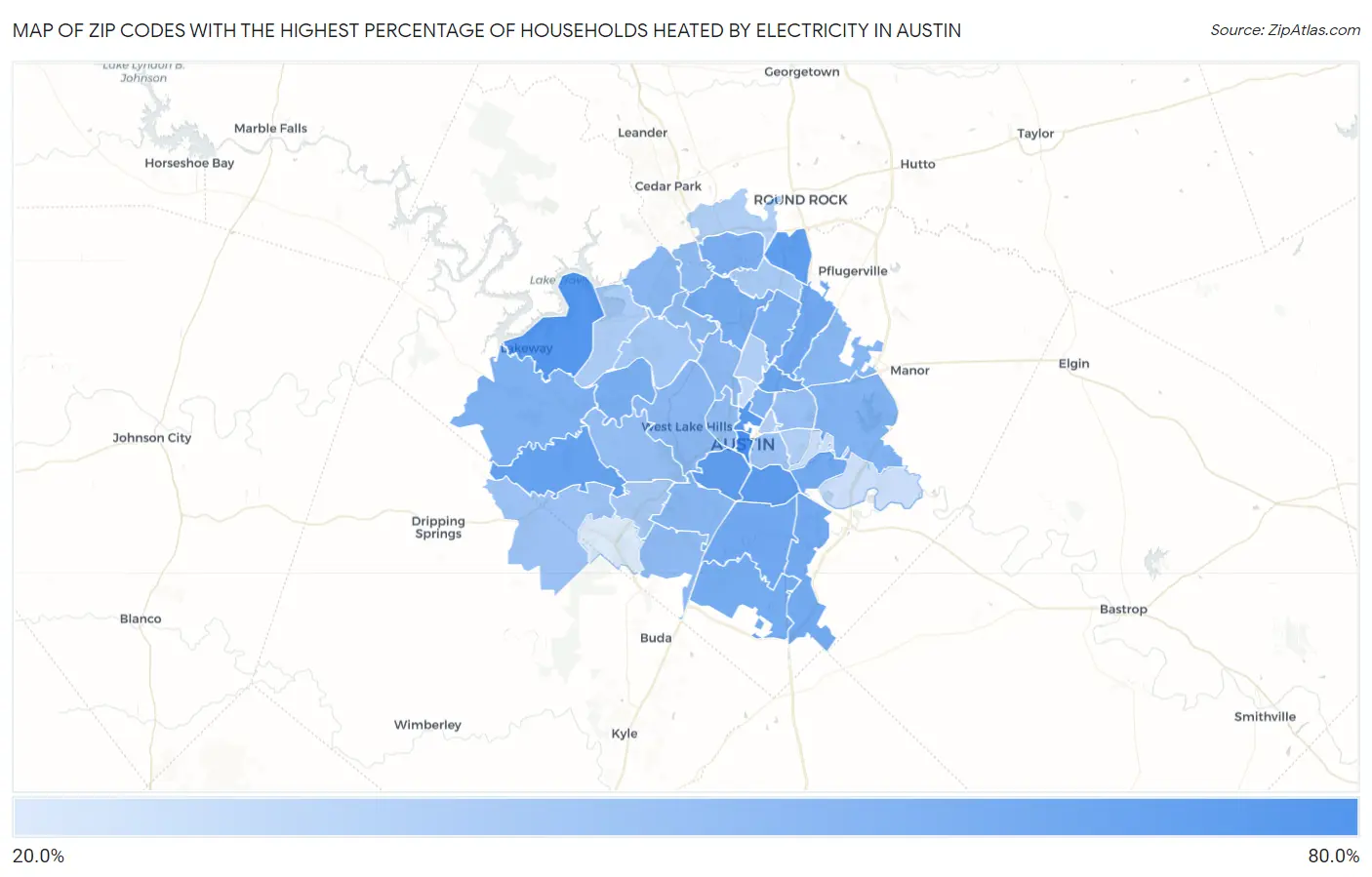 Zip Codes with the Highest Percentage of Households Heated by Electricity in Austin Map