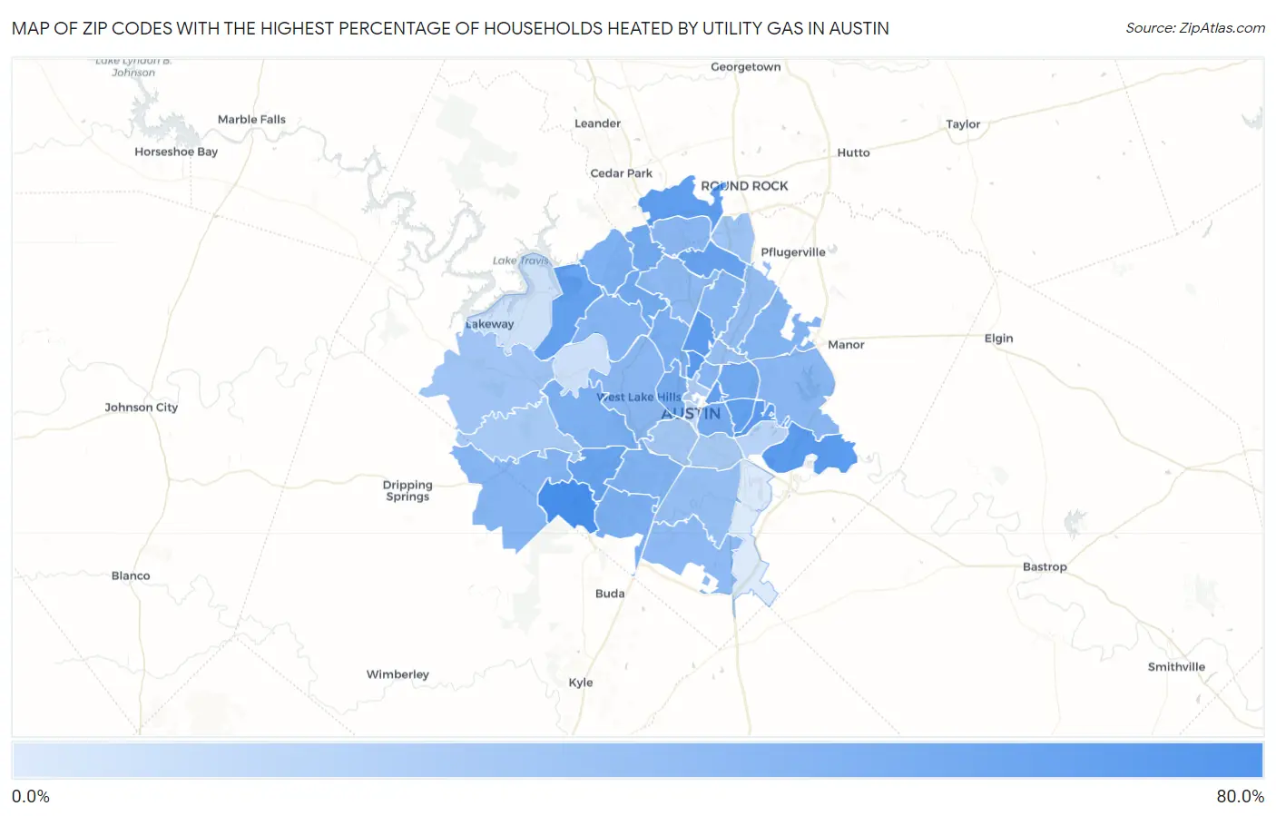 Zip Codes with the Highest Percentage of Households Heated by Utility Gas in Austin Map