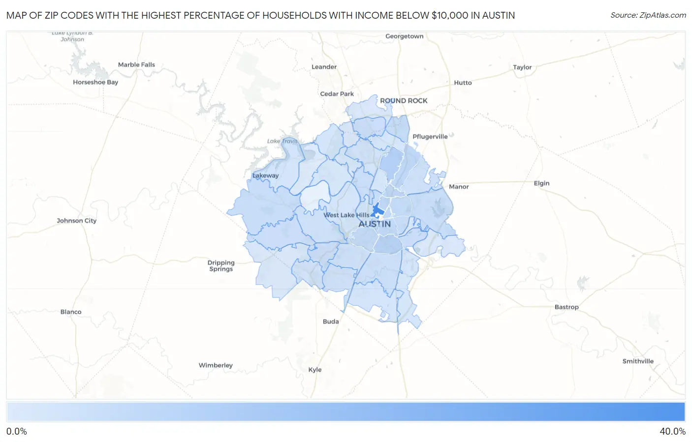 Zip Codes with the Highest Percentage of Households with Income Below $10,000 in Austin Map