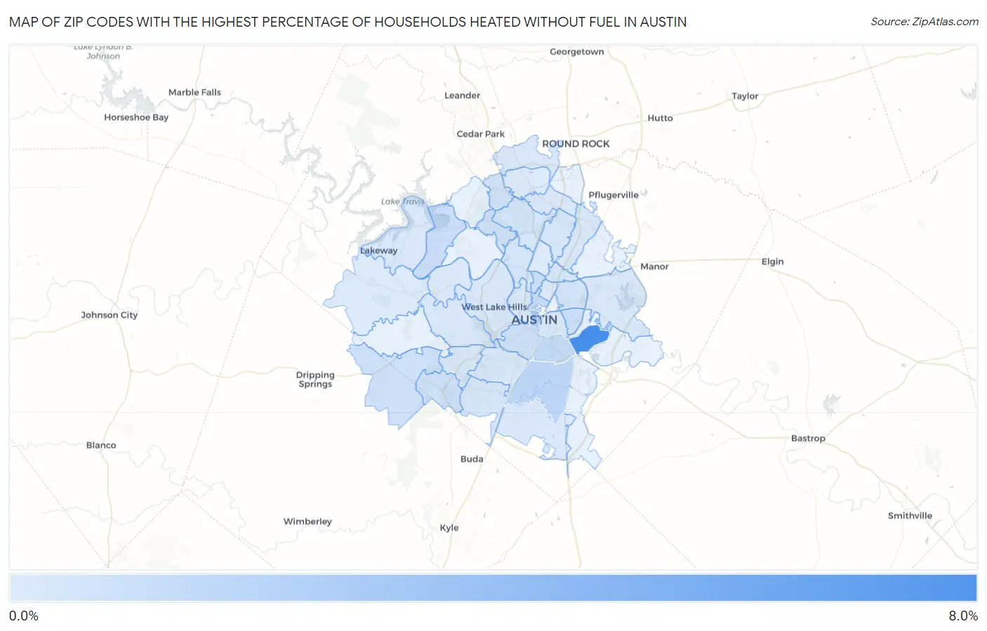 Zip Codes with the Highest Percentage of Households Heated without Fuel in Austin Map
