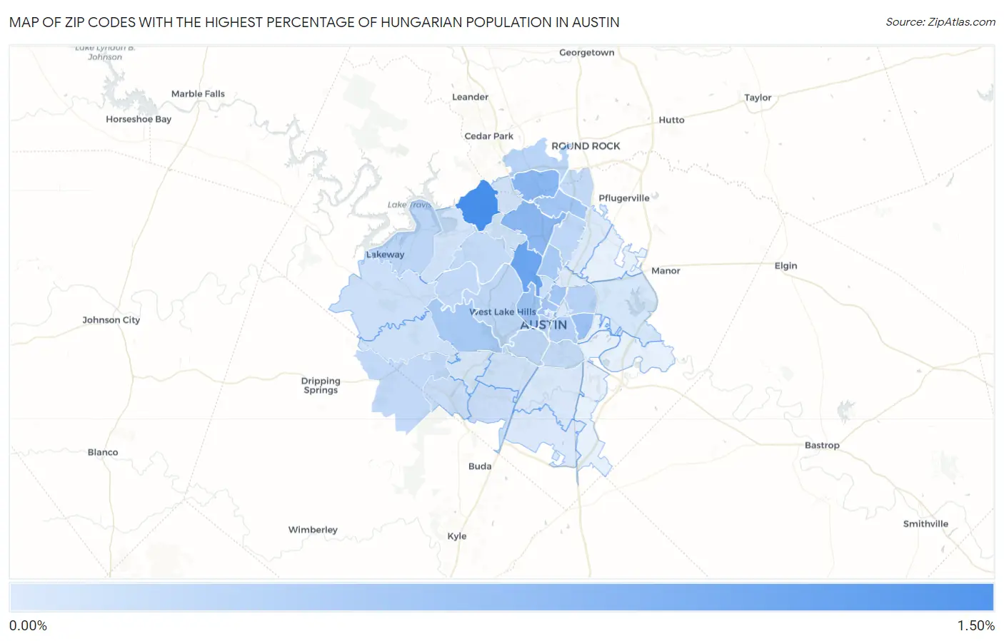 Zip Codes with the Highest Percentage of Hungarian Population in Austin Map